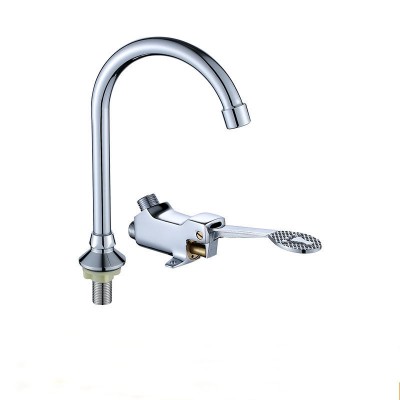 Deck Mount Hands Free Sink Water Tap Brass Valve Foot Pedal Control Faucet With Spout